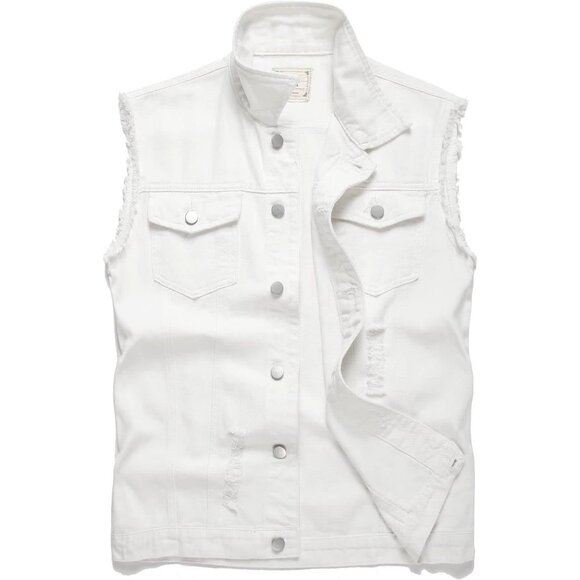Denim White Men Lapel Sleeveless Slim Fit Retro Ripped Casual Jean Vest for Men
